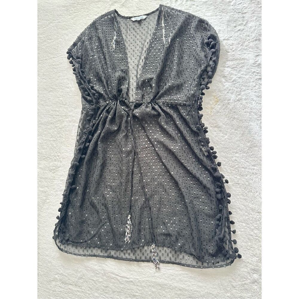 Black Sheer Swiss Dot Pom Pom Beach Cover Up Tunic XS